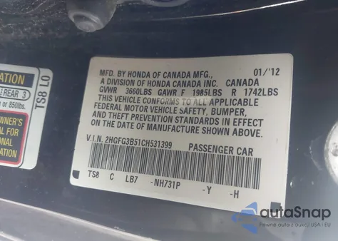 2012 Honda Civic Lx from USA, damaged, VIN 2HGFG3B51CH531399